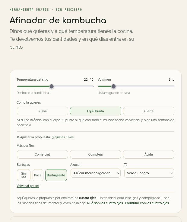 Afinador de kombucha de Fermenty — herramienta gratis, sin registro